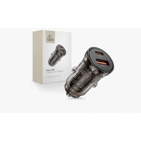 Automobilinis įkroviklis 12-24V USB C+ USB C 30W juodas Tech-Protect CC01